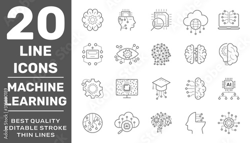 Deep machine learning and artificial intelligence technology concept. Simple icons set. Editable Stroke. EPS 10