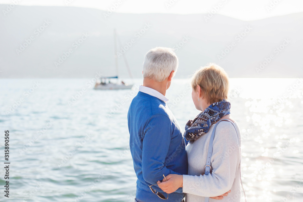 Senior couple in love hugging at sea beach. Happy man and woman looking at yacht. Travellers enjoying retirement and vacation. Concept of wellbeing, travel, moments of happiness. Rear view.