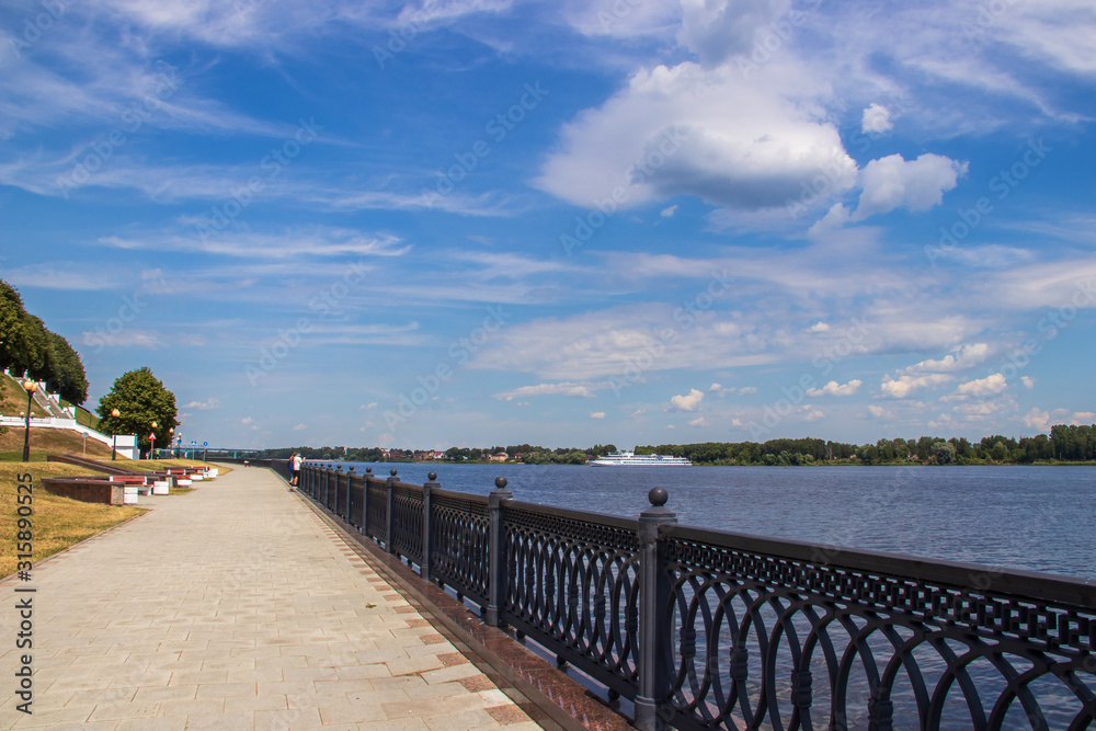 Bright summer day in the Strelka of Yaroslavl Beautiful landscaping of the Park on the embankment of the Volga and Kotorosl in Yaroslavl