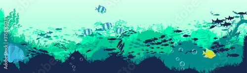Fototapeta Naklejka Na Ścianę i Meble -  fish and algae on the background of reefs. Underwater ocean scene. Deep blue water, coral reef and underwater plants. a beautiful underwater scene; a vector seascape with reef.