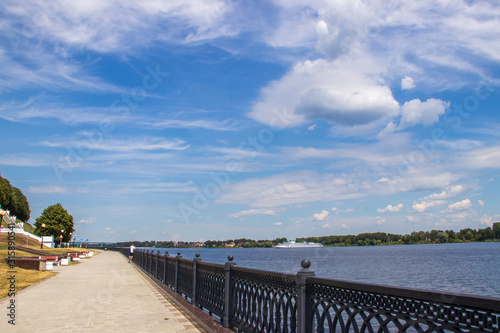 Bright summer day in the Strelka of Yaroslavl Beautiful landscaping of the Park on the embankment of the Volga and Kotorosl in Yaroslavl