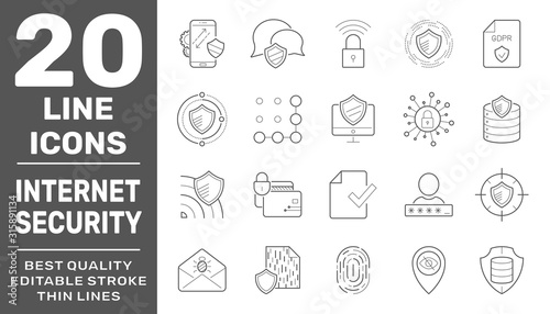 Internet services and database protection vector linear icons set. Collection of internet hosting and server data transfer icons isolated contour illustrations. Editable Stroke. EPS 10
