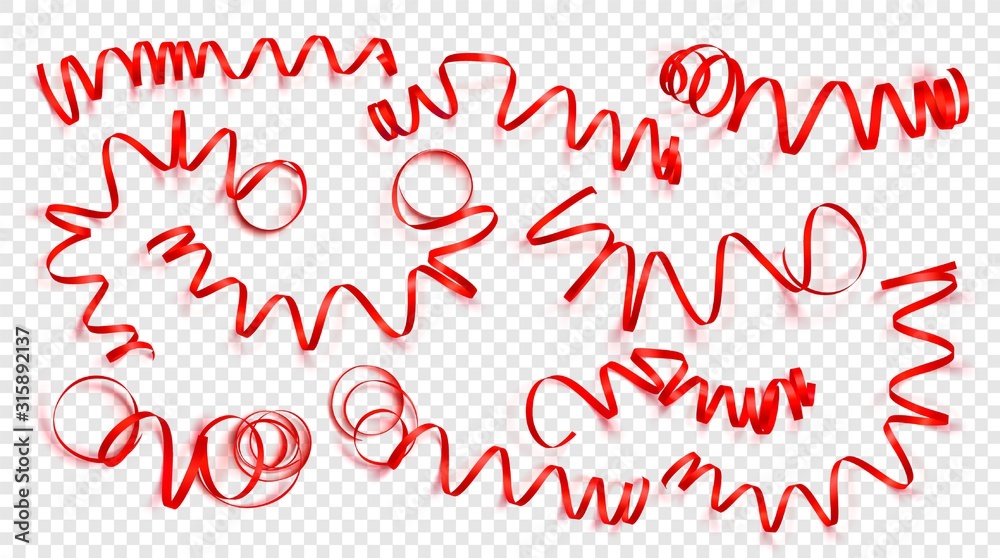 Set of realistic red ribbons on transparency background. Vector illustration. Can be used for greeting card, holidays, banners, gifts and etc.