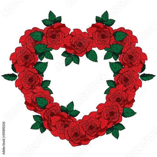 Vector hearts made of flowers. Red roses. Ideal for paper and gift products. Design greeting cards and wedding invitations, birthday, Valentine's Day, Mother's Day, holiday.