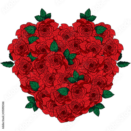 Vector hearts made of flowers. Red roses. Ideal for paper and gift products. Design greeting cards and wedding invitations, birthday, Valentine's Day, Mother's Day, holiday.