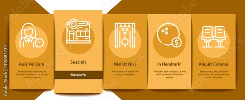 Bowling Game Tools Onboarding Mobile App Page Screen Vector. Bowling Ball and Skittle, Building And Stool, Scoreboard And Shoe, Player And Hand Gesture Concept Linear Pictograms. Color Contour