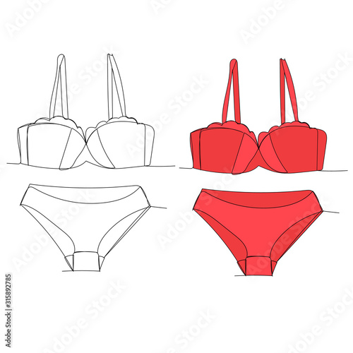 vector, isolated, continuous line drawing of lingerie, sketch panties and bra
