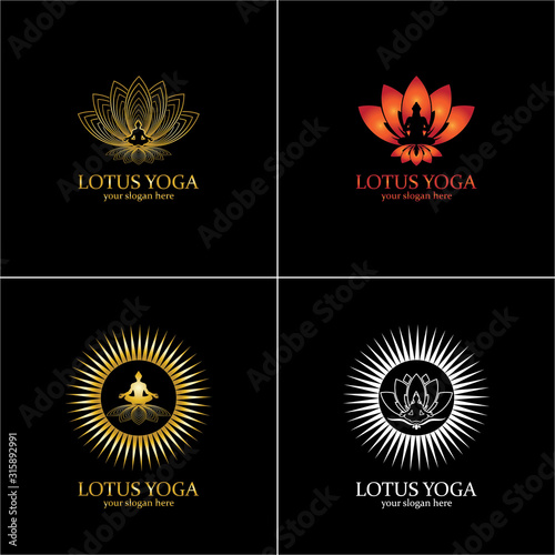 yoga logo design stock. human meditation in lotus flower vector illustration