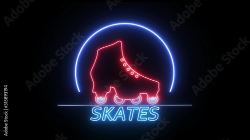 Neon sign of sports skates in different colors on a black background