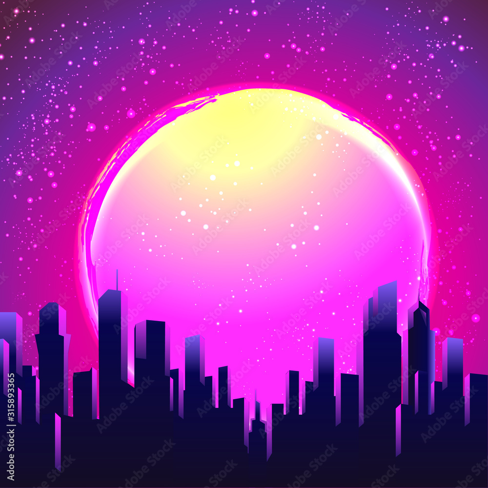 Fototapeta premium Retro Futurism. Vector futuristic synth wave illustration. 80s Retro poster Background with Night City Skyline. Rave party Flyer design template in 1980s style.