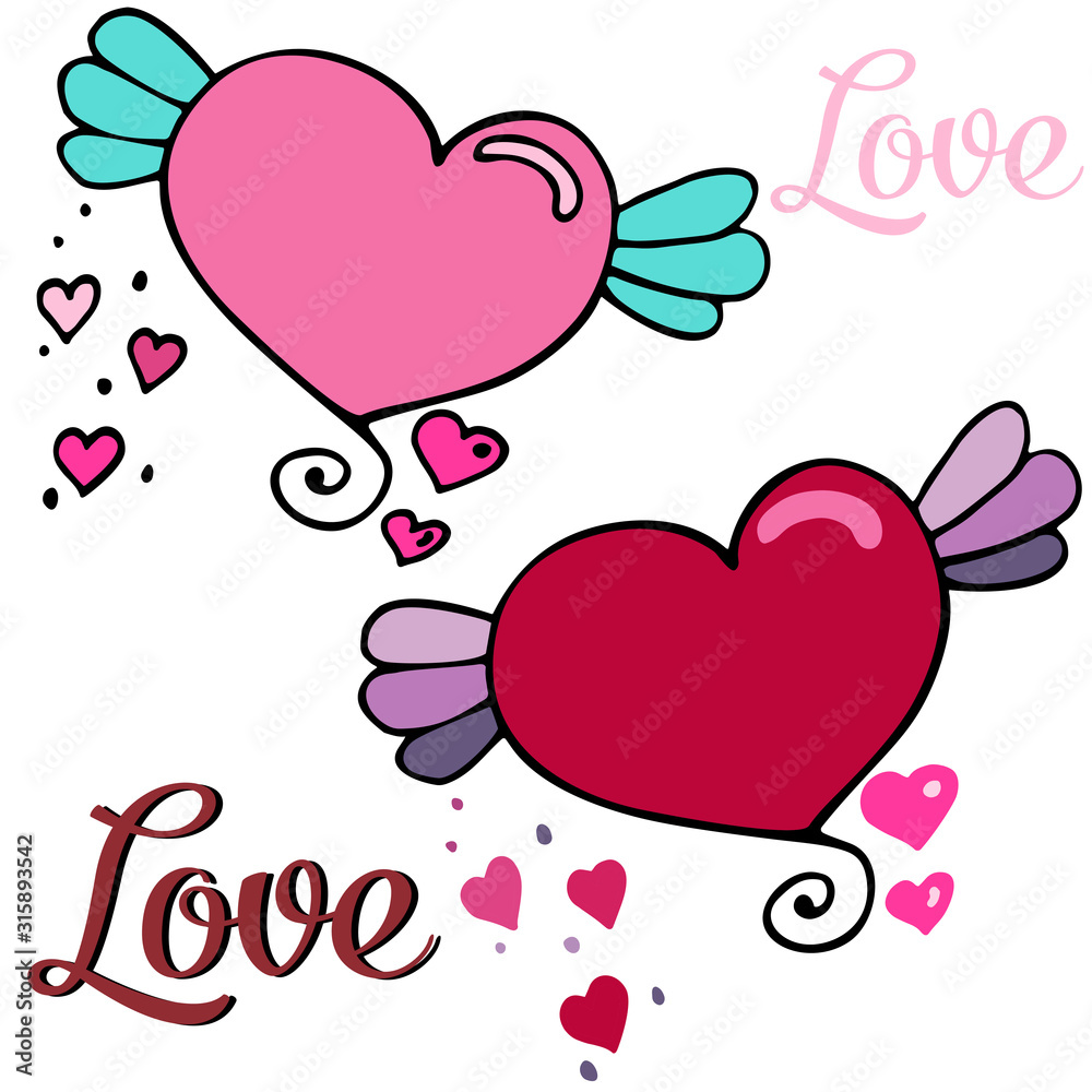 Vector illustration of winged hearts and words of love, flower pot with love. Elements for Valentine's Day. Ideal for paper, gifts, textiles. Vector illustration of winged hearts and words of love, flower pot with love. Elements for Valentine's Day. Ideal for paper, gifts, textiles.