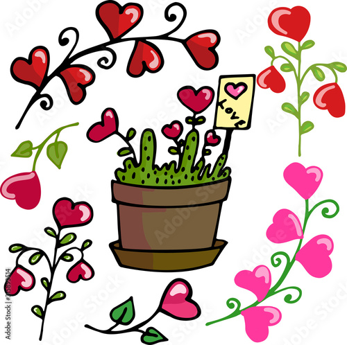 Vector illustration of twigs with hearts, flower pot with love. Elements for Valentine's Day. Ideal for paper, gift, textile products.