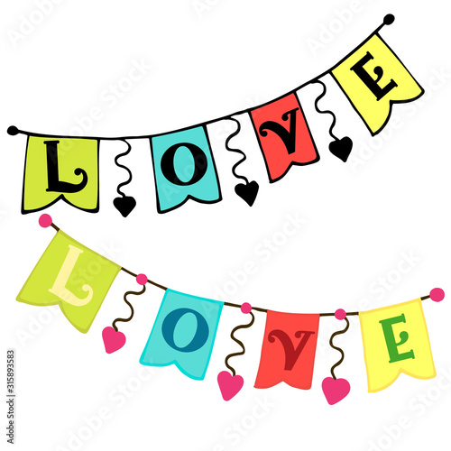 Vector illustration of a banner in the form of flags with the inscription love. Elements for Valentine's Day. Ideal for paper, gifts, textiles.