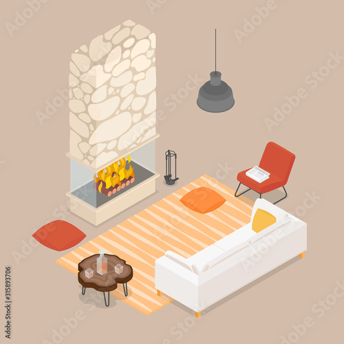 Isometric warm living room with fireplace, in beige. Vector illustration in flat design, isolated.
