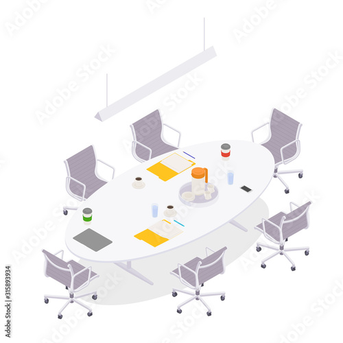Modern isometric conference room on white. Vector illustration in flat design, isolated.