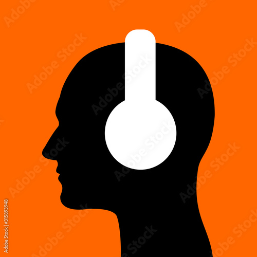 Man with headphones and earphones on the head. Person is listening the music. Vector illustration.