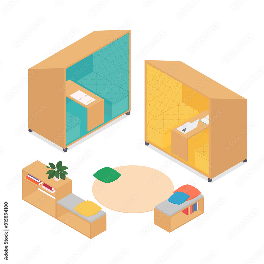 Modern isometric office booth on white. Vector illustration in flat design, isolated.