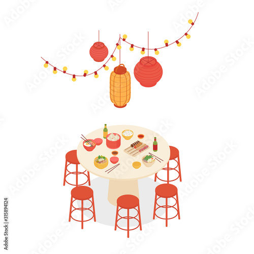 Colorful warm isometric asian restaurant on white. Vector illustration in flat design, isolated.