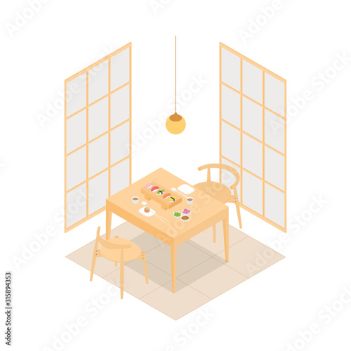 Simple isometric sushi restaurant on white. Vector illustration in flat design, isolated.