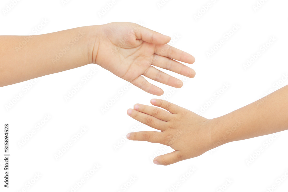 The father's hand held his daughter's hand, showing the warmth of the family. on white background The father's hand held his daughter's hand, showing the warmth of the family. on white background