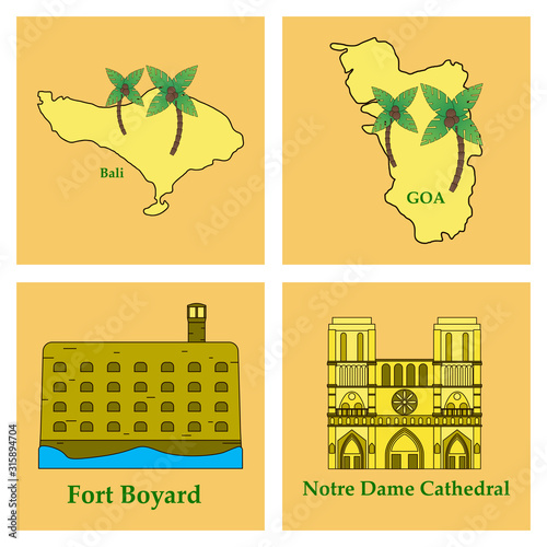 Travel, journey concept. Famous monuments of world countries. Vector illustration