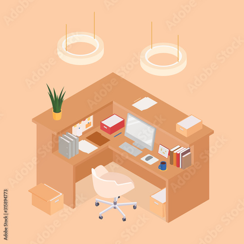 Isometric office cubicle in brown. Vector illustration in flat design, isolated.