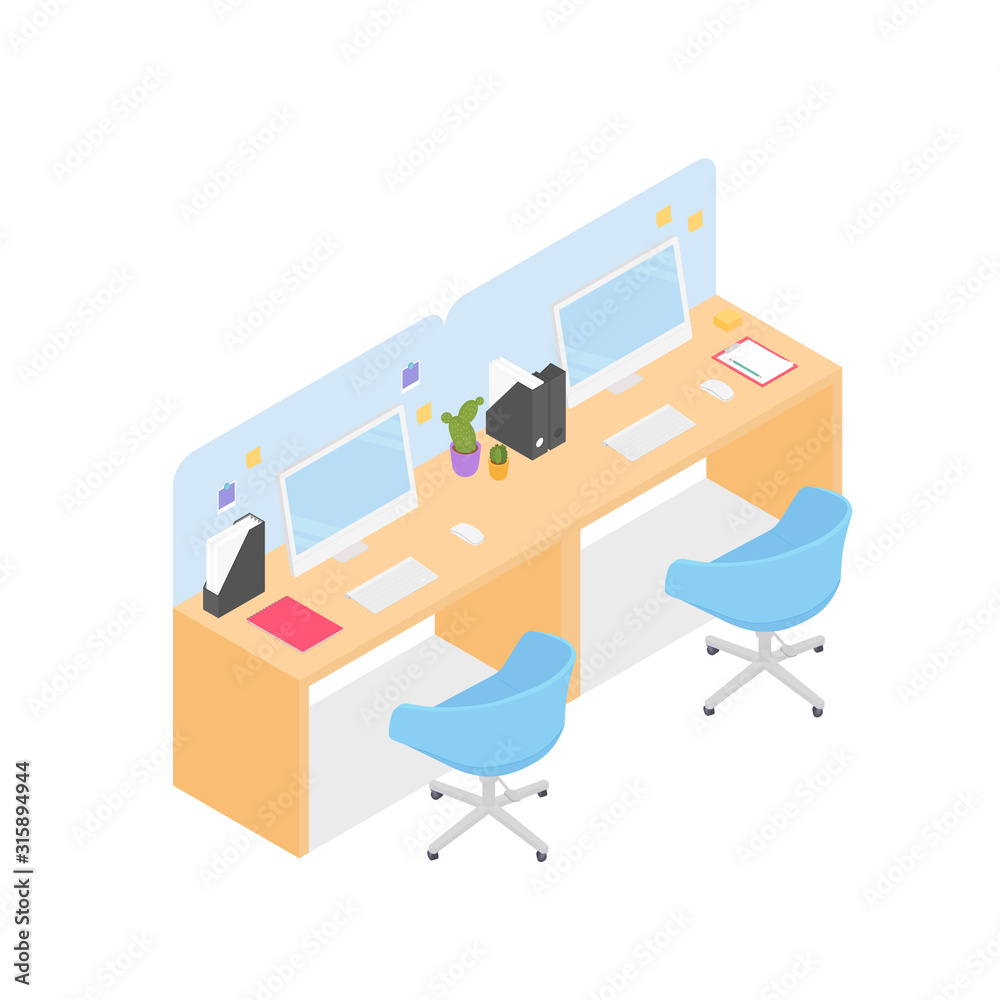 Modern isometric office desks on white. Vector illustration in flat design, isolated. Modern isometric office desks on white. Vector illustration in flat design, isolated.