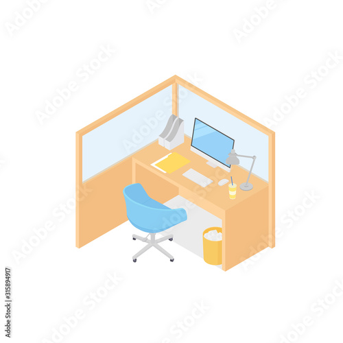 Modern isometric office cubicle on white. Vector illustration in flat design, isolated.