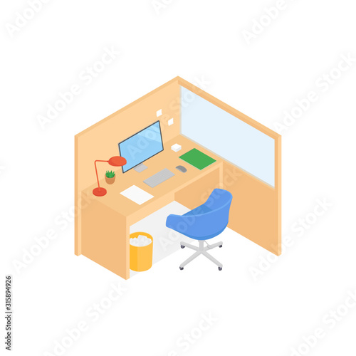 Modern isometric office cubicle on white. Vector illustration in flat design, isolated.