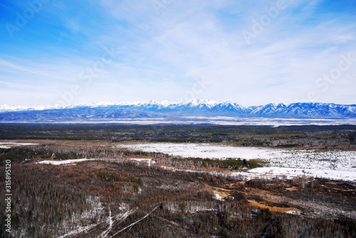 snowy mountains above a river valley