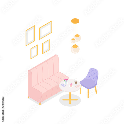 Pastel isometric cafe on white. Vector illustration in flat design, isolated.