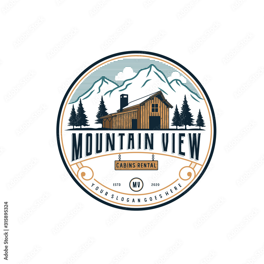 Mountain view with cabin for village house rent logo Premium Vector