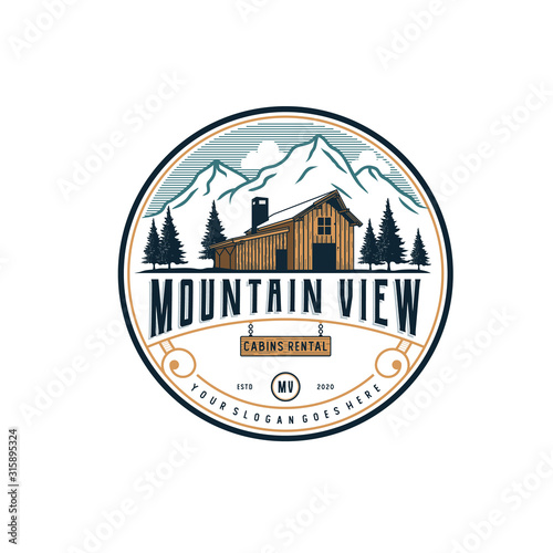 Mountain view with cabin for village house rent logo Premium Vector