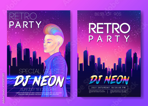 Futuristic synth wave style. Retroparty flyer template. Portrait of a young pretty androgynous woman with short shaved pixie undercut in retro futurism style. Vector illustration in neon bright colors