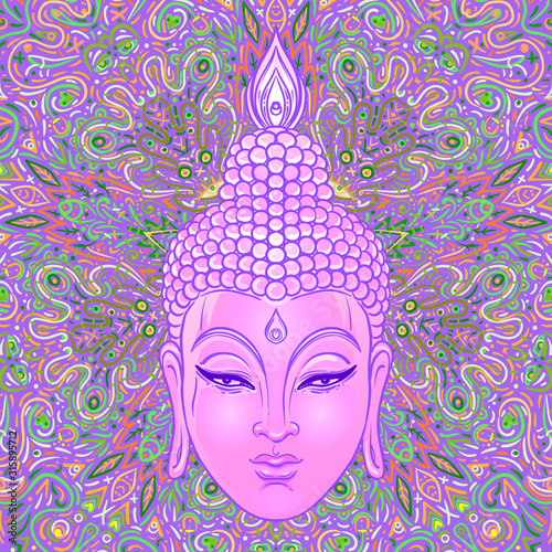 Sitting Buddha over colorful neon background. Vector illustration. Psychedelic mushroom composition. 60s hippie colorful art.