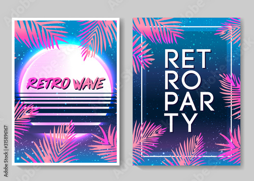 Retro Futurism flyer set. Vector futuristic synth wave illustration. 80s Retro poster Background. Good design for poster, t-shirt print design and poster background. Futuristic vector illustration in