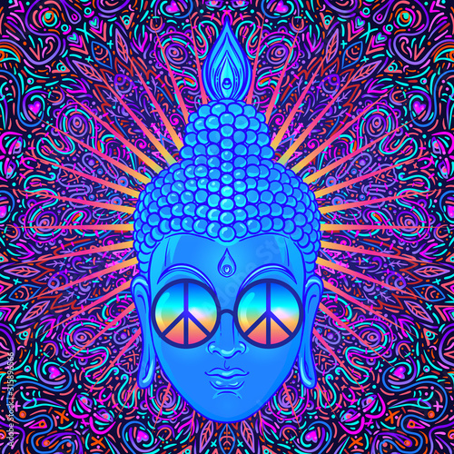 Sitting Buddha over colorful neon background. Vector illustration. Psychedelic mushroom composition. 