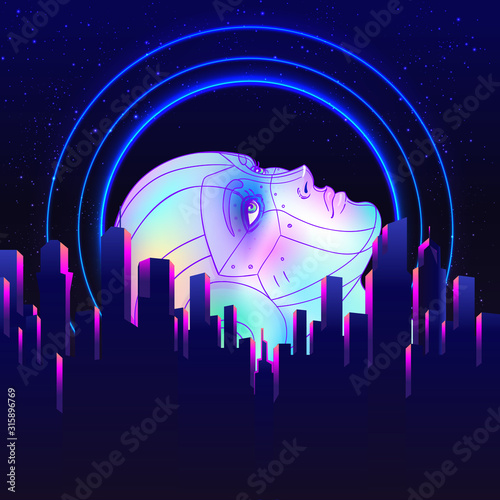 Portrait of robot android woman in retro futurism style. Vector illustration . of a cyborg in glowing neon bright colors. futuristic synth wave flyer template. Cyber technology.