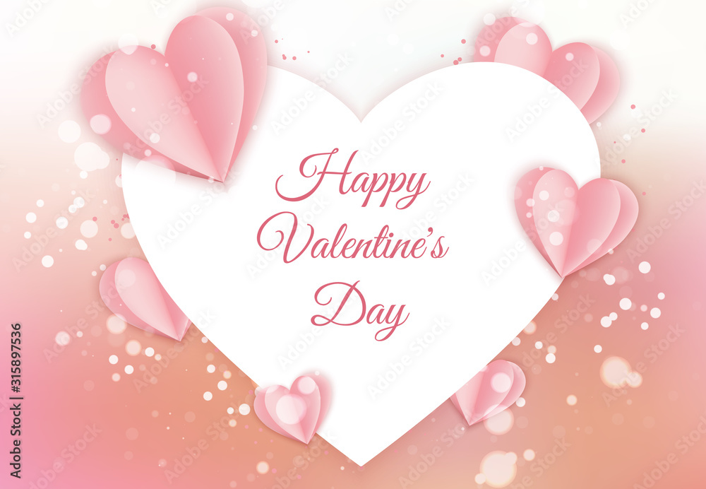 Valentine s day concept background. Pink paper hearts. Cute love sale banner or greeting card