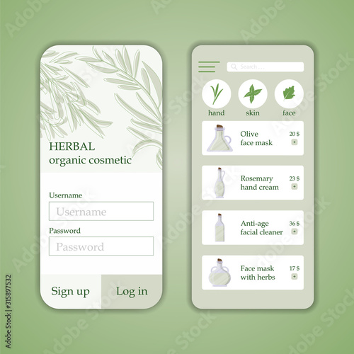Herb cosmetic shop mobile application template. Modern illustration for design and web.