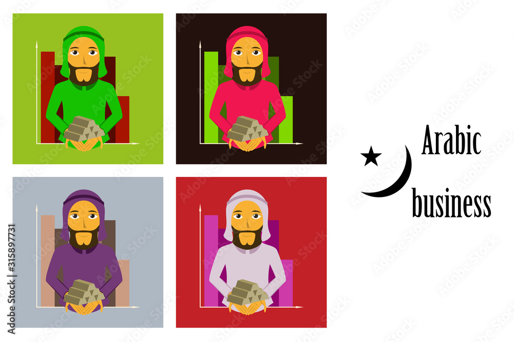 assembly of flat icons on theme Arabic business arabic businessman with gold