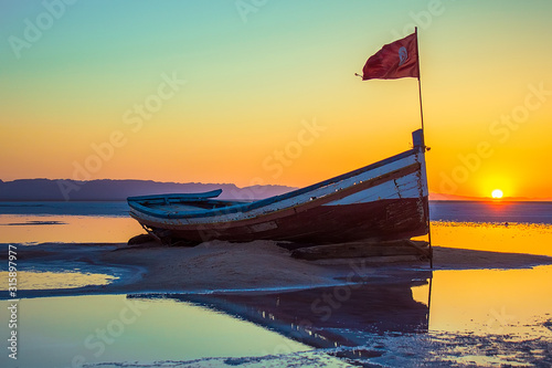 Boat on Chott el Djerid, salt lake in Tunisia, Africa