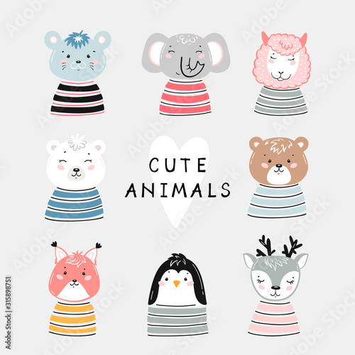Vector Cute Animal Set. Doodle Cartoon Kawaii Wild Animals and Pets Heads. Scandinavian Nursery Print or Poster Design for Kids, Baby Shower Greeting Card