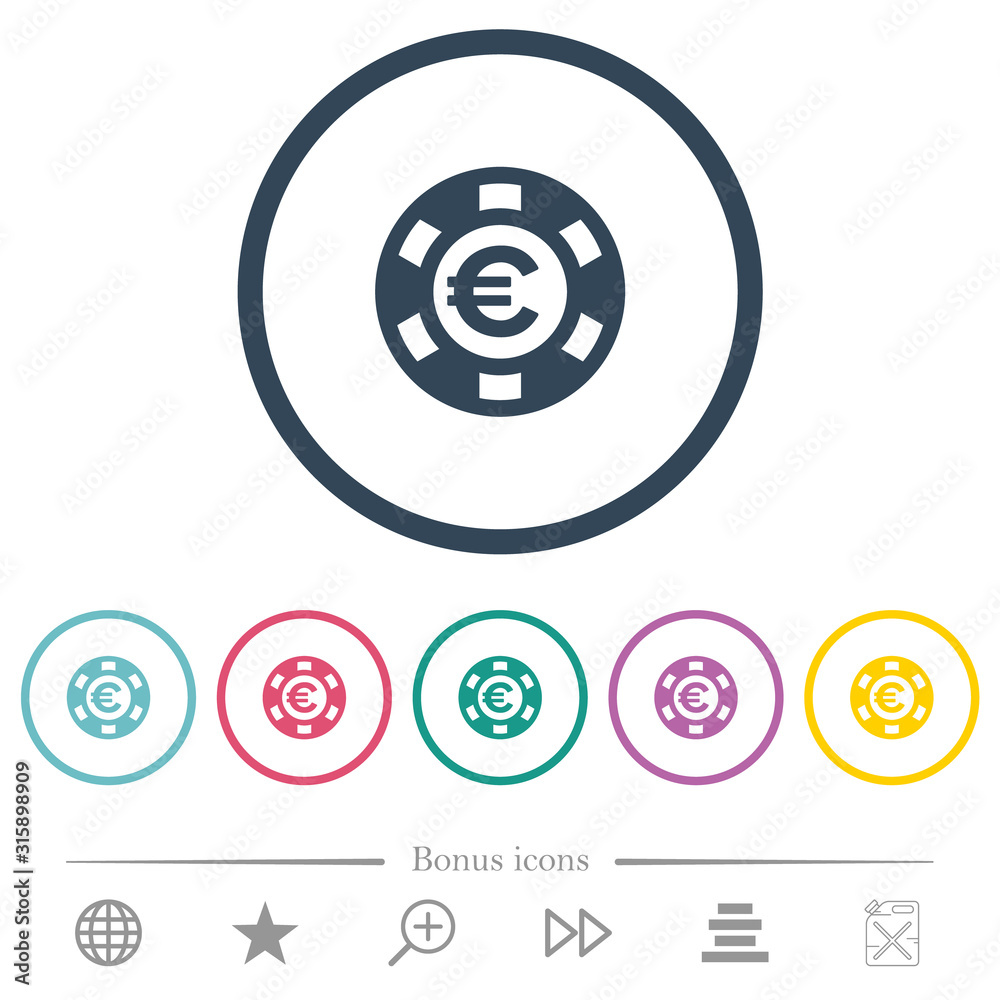 Euro casino chip flat color icons in round outlines