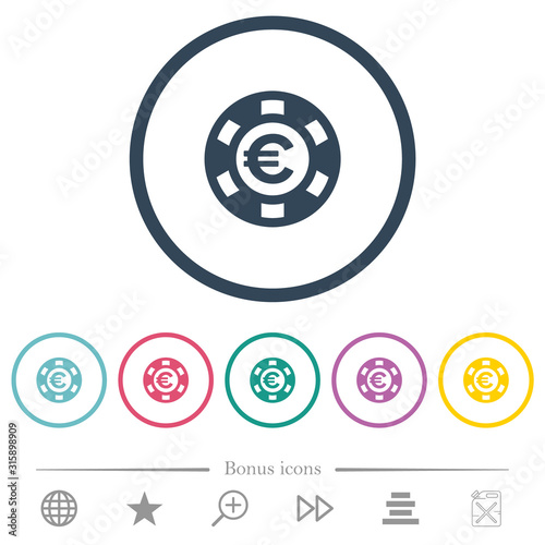 Euro casino chip flat color icons in round outlines