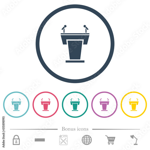 Conference podium with microphones flat color icons in round outlines