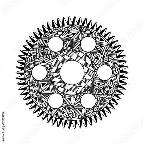 gear in the style of zenart, mandala, black and white drawing, zentangle, doodle, patterns, mechanics