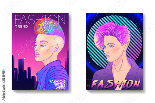 Futuristic synth wave style. Retroparty flyer template. Portrait of a young pretty androgynous woman with short shaved pixie undercut in retro futurism style. Vector illustration in neon bright colors