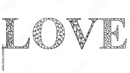 love in the style of zenart, l, o, v, e, black and white drawing, doodle, zentangle, tangle, letters with patterns, for print