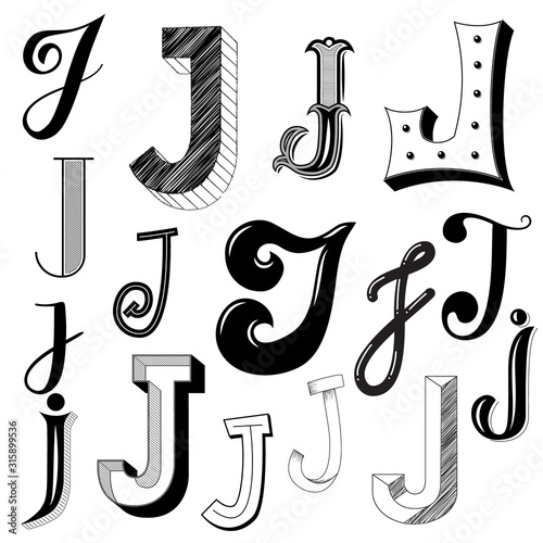 Hand drawn set of different writing styles for letter J